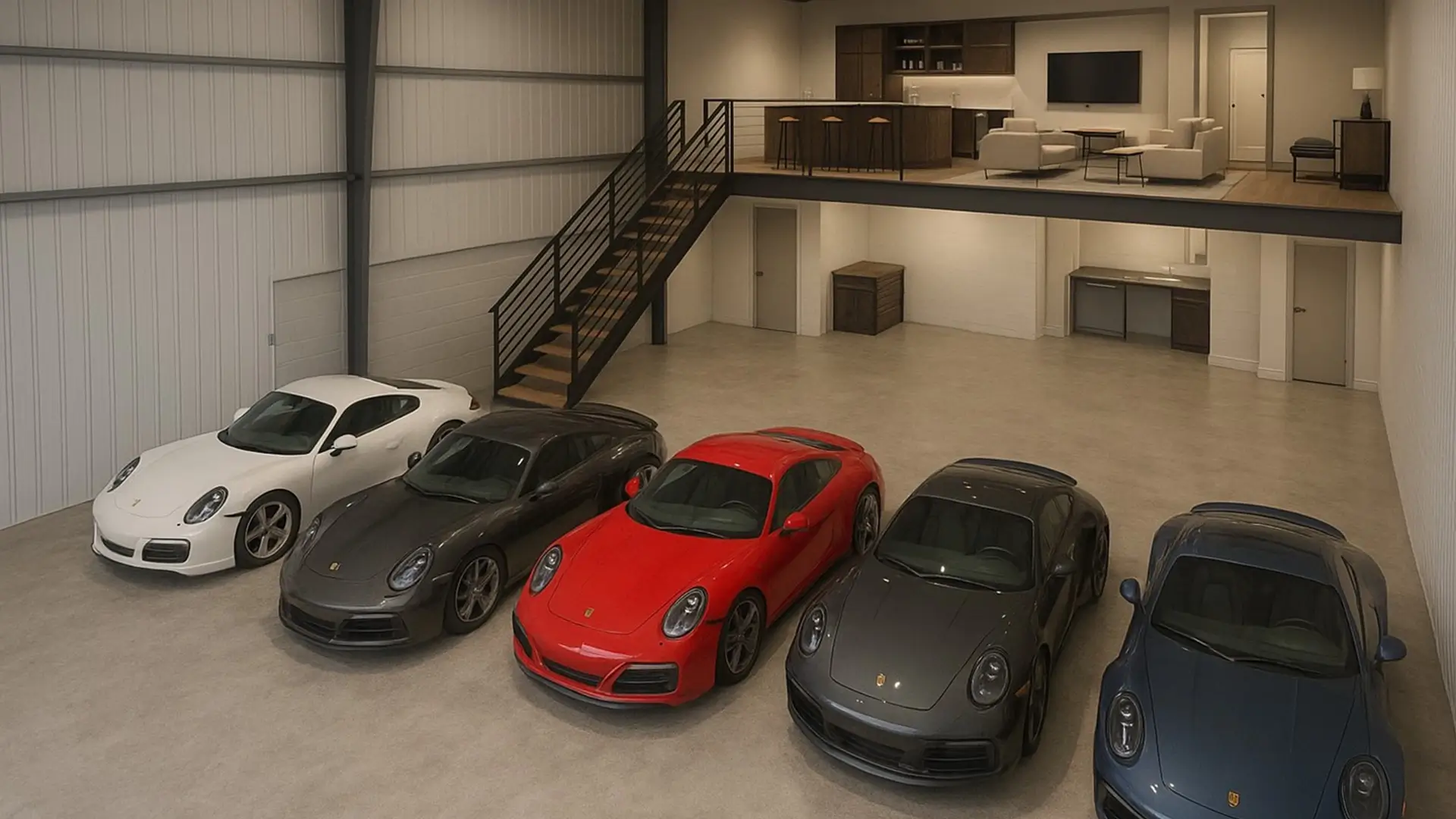 Apex Auto and RV Vault premium garage condo interior with luxury vehicles