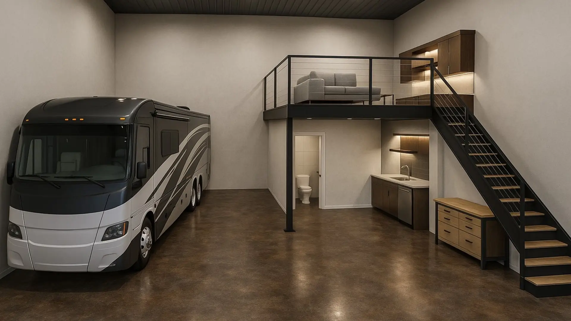 Apex Auto and RV Vault premium garage condo with RV and mezzanine