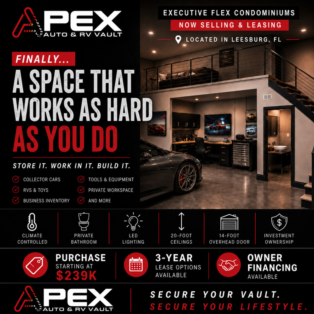 Apex executive flex condominium for vehicles, tools, equipment, inventory and private workspace